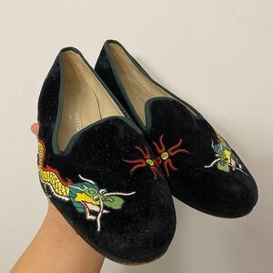 Stubbs & Wootton Black Velvet Loafers with Colorful Dragon Design